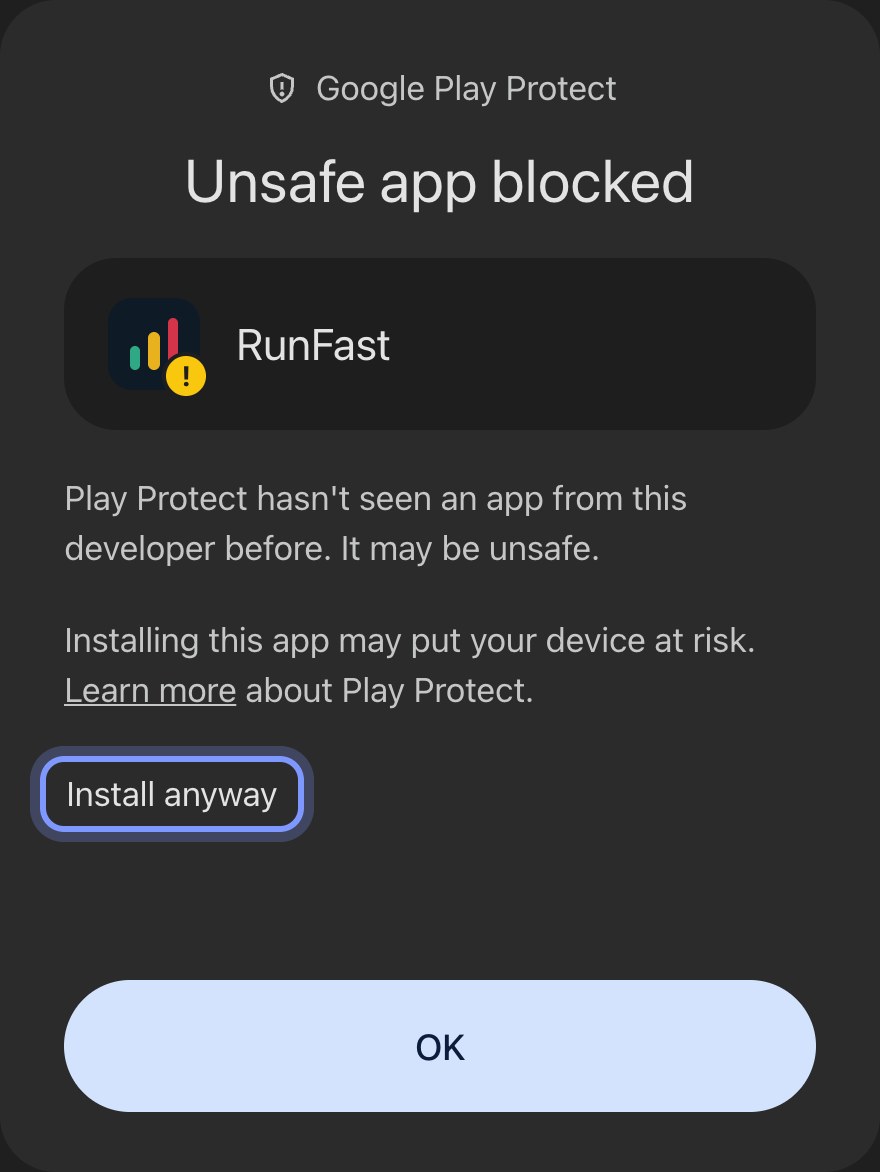 Google Play Protect: Unsafe app blocked. Install anyway sits just above the OK button.